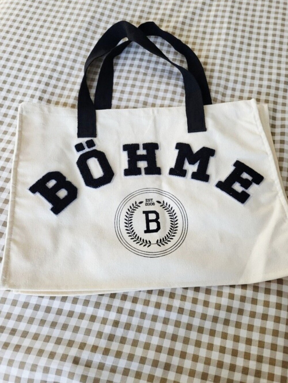 Böhme Cream anvas Tote Bag Featuring Black Chenille Lettering and a Varsity Logo